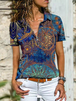 Women's T-Shirts Bohemian Zip Lapel Short Sleeve T-Shirt