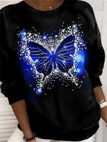 Women's T-Shirts Butterfly Print Round Neck Long Sleeve T-Shirt