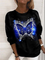 Women's T-Shirts Butterfly Print Round Neck Long Sleeve T-Shirt