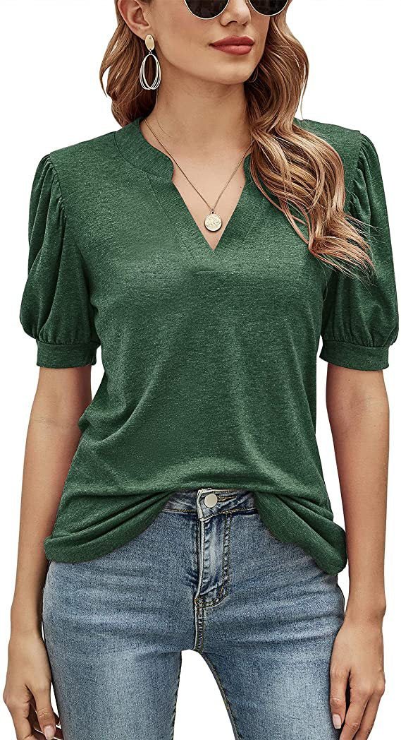 Women's T-Shirts Casual V-Neck Loose Puff Sleeve T-Shirt