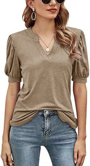 Women's T-Shirts Casual V-Neck Loose Puff Sleeve T-Shirt