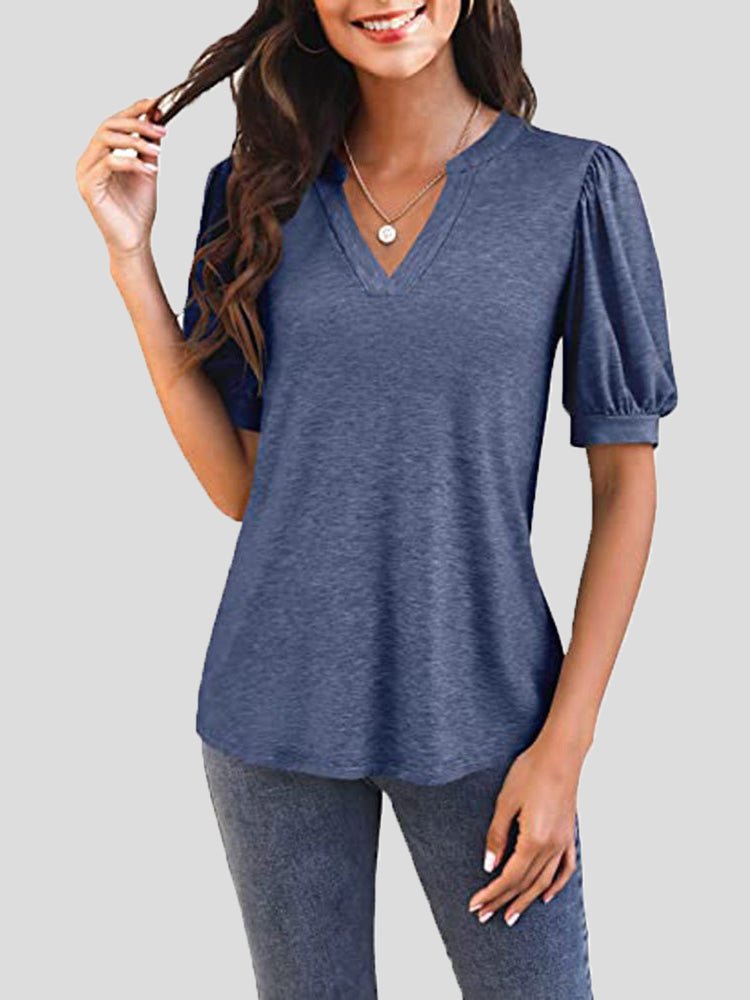 Women's T-Shirts Casual V Neck Puff Sleeve T-Shirt