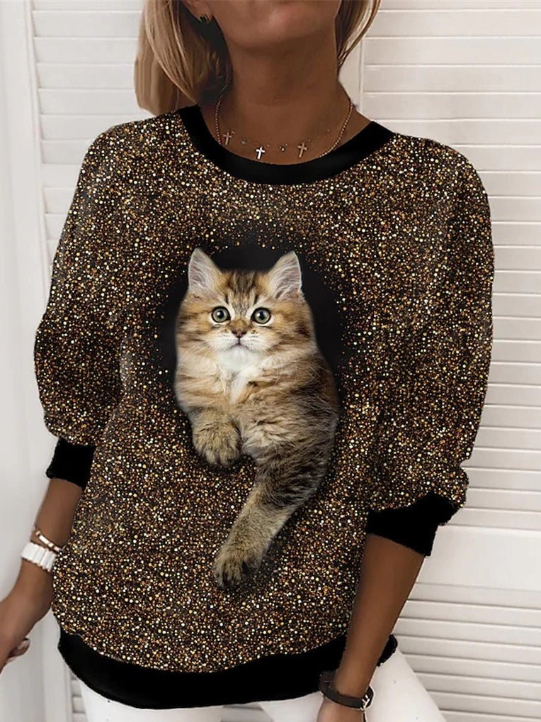 Women's T-Shirts Cat Print Round Neck Long Sleeve Casual T-Shirt