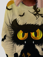 Women's T-Shirts Cat Print Round Neck Long Sleeve T-Shirt