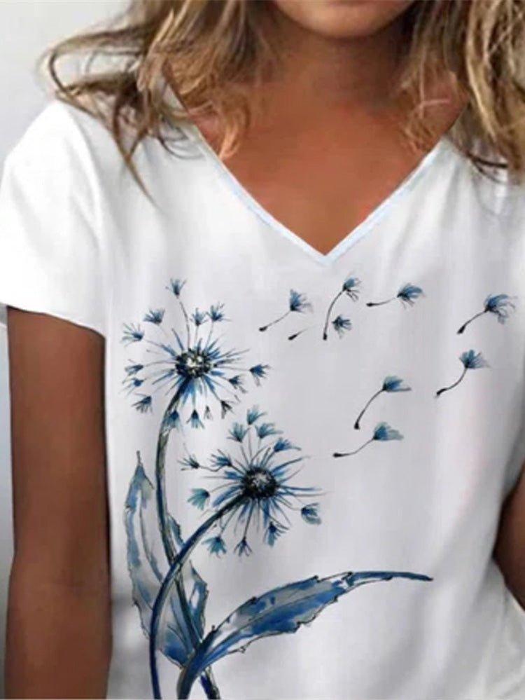 Women's T-Shirts Dandelion Floral Print V-Neck Short Sleeve T-Shirt