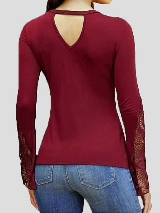 Women's T-Shirts Deep V Neck Lace Panel Long Sleeve T-Shirts