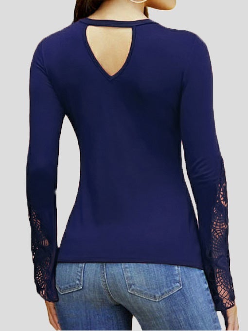 Women's T-Shirts Deep V Neck Lace Panel Long Sleeve T-Shirts