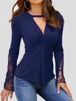 Women's T-Shirts Deep V Neck Lace Panel Long Sleeve T-Shirts