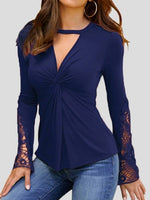 Women's T-Shirts Deep V Neck Lace Panel Long Sleeve T-Shirts