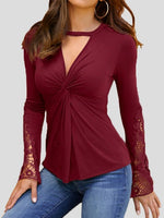 Women's T-Shirts Deep V Neck Lace Panel Long Sleeve T-Shirts