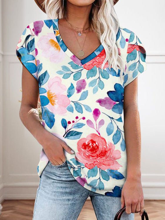 Women's T-Shirts Floral Print V-Neck Short Sleeve T-Shirt