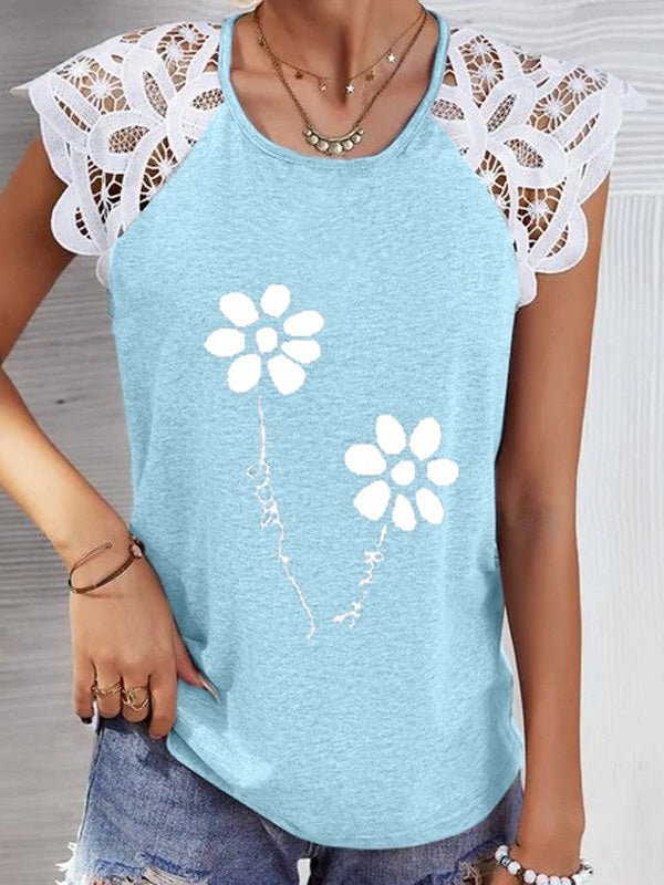 Women's T-Shirts Flower Round Neck Lace Panel T-Shirt