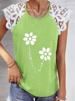 Women's T-Shirts Flower Round Neck Lace Panel T-Shirt