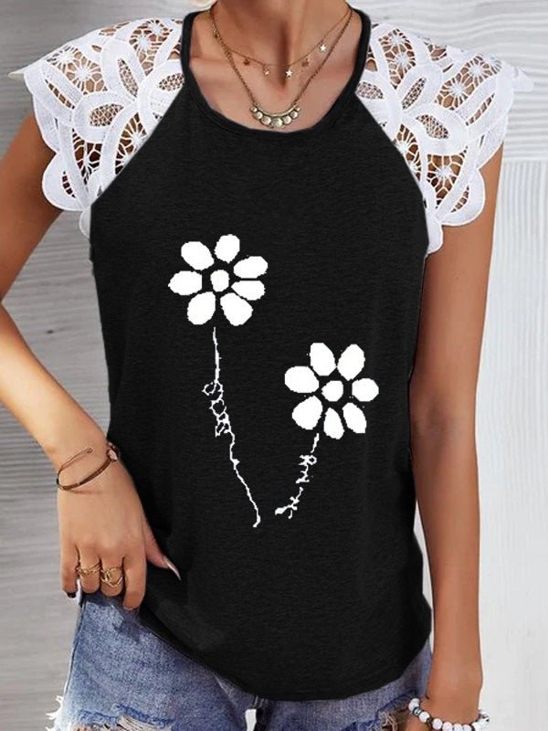 Women's T-Shirts Flower Round Neck Lace Panel T-Shirt