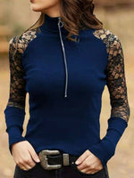 Women's T-Shirts Half Turtleneck Zip Lace Panel Long Sleeve T-Shirt