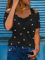 Women's T-Shirts Heart Print Lace Off Shoulder Short Sleeve T-Shirt