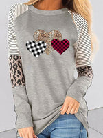 Women's T-Shirts Heart-Shaped Leopard Striped Round Neck Long Sleeve T-Shirt