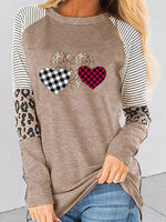 Women's T-Shirts Heart-Shaped Leopard Striped Round Neck Long Sleeve T-Shirt