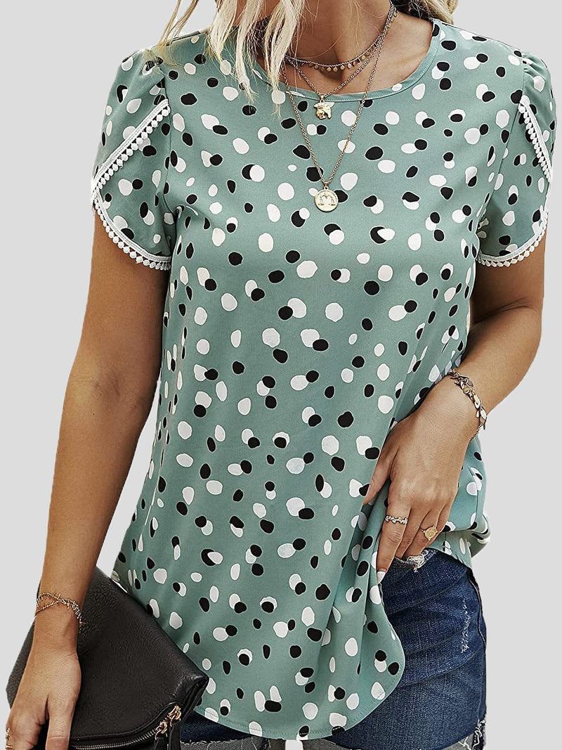 Women's T-Shirts Lace Stitching Polka Dot Short Sleeve T-Shirt