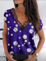 Women's T-Shirts Lace V-Neck Chrysanthemum Short Sleeve T-Shirt