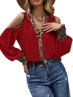 Women's T-Shirts Leopard Print Stitching V Neck Button Off-The-Shoulder T-Shirt