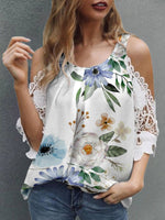 Women's T-Shirts Loose V-Neck Off Shoulder Lace Short Sleeve T-Shirt