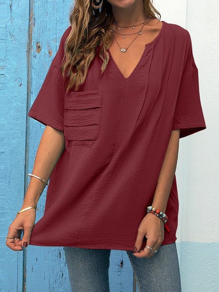 Women's T-Shirts Loose V-Neck Pocket Short Sleeve T-Shirt