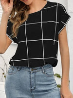 Women's T-Shirts Plaid Print Round Neck Short Sleeve T-Shirt