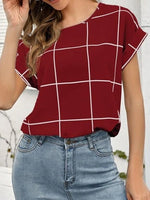 Women's T-Shirts Plaid Print Round Neck Short Sleeve T-Shirt