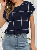 Women's T-Shirts Plaid Print Round Neck Short Sleeve T-Shirt