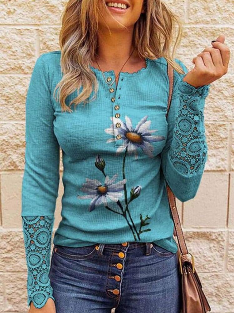 Women's T-Shirts Printed Button Lace Long Sleeve T-Shirt