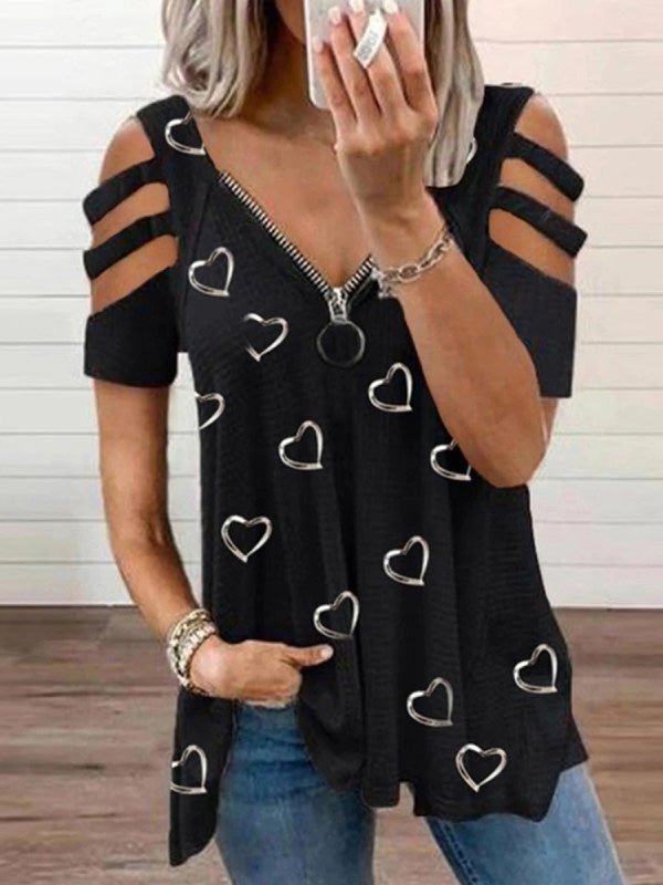 Women's T-Shirts Printed V-Neck Off-Shoulder Short Sleeve T-Shirt