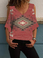 Women's T-Shirts Printed V-Neck Off-Shoulder Short Sleeve T-Shirt