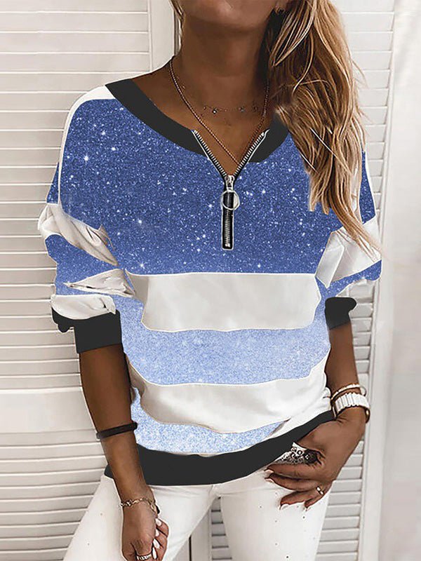 Women's T-Shirts Printed V-Neck Zip Long Sleeve T-Shirt