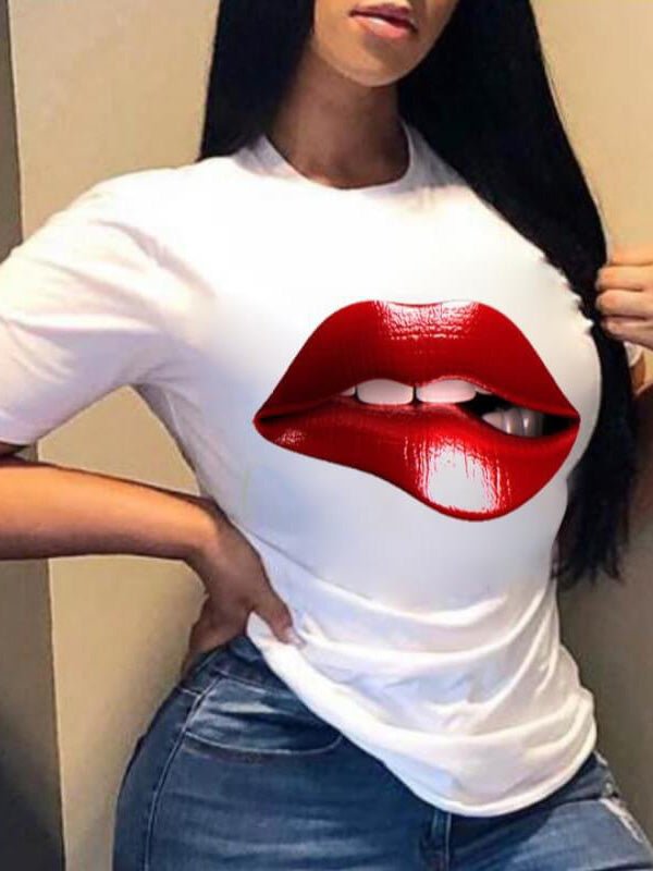 Women's T-Shirts Red Lip Crew Neck Short Sleeve T-Shirt