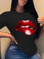 Women's T-Shirts Red Lip Crew Neck Short Sleeve T-Shirt