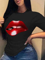 Women's T-Shirts Red Lip Crew Neck Short Sleeve T-Shirt