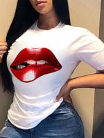 Women's T-Shirts Red Lip Crew Neck Short Sleeve T-Shirt