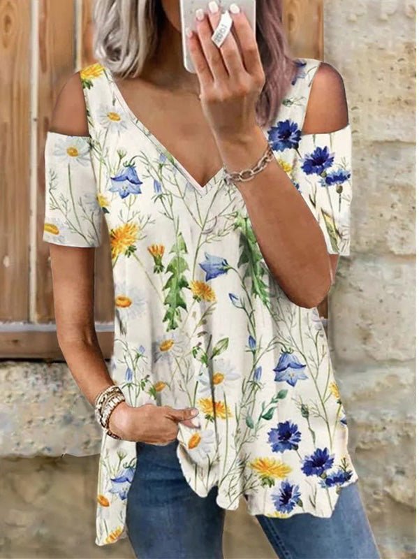 Women's T-Shirts Romantic Floral V-Neck Off-Shoulder Short Sleeve T-Shirt