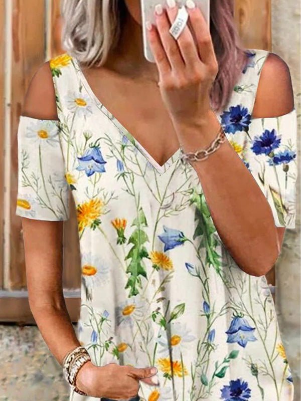 Women's T-Shirts Romantic Floral V-Neck Off-Shoulder Short Sleeve T-Shirt