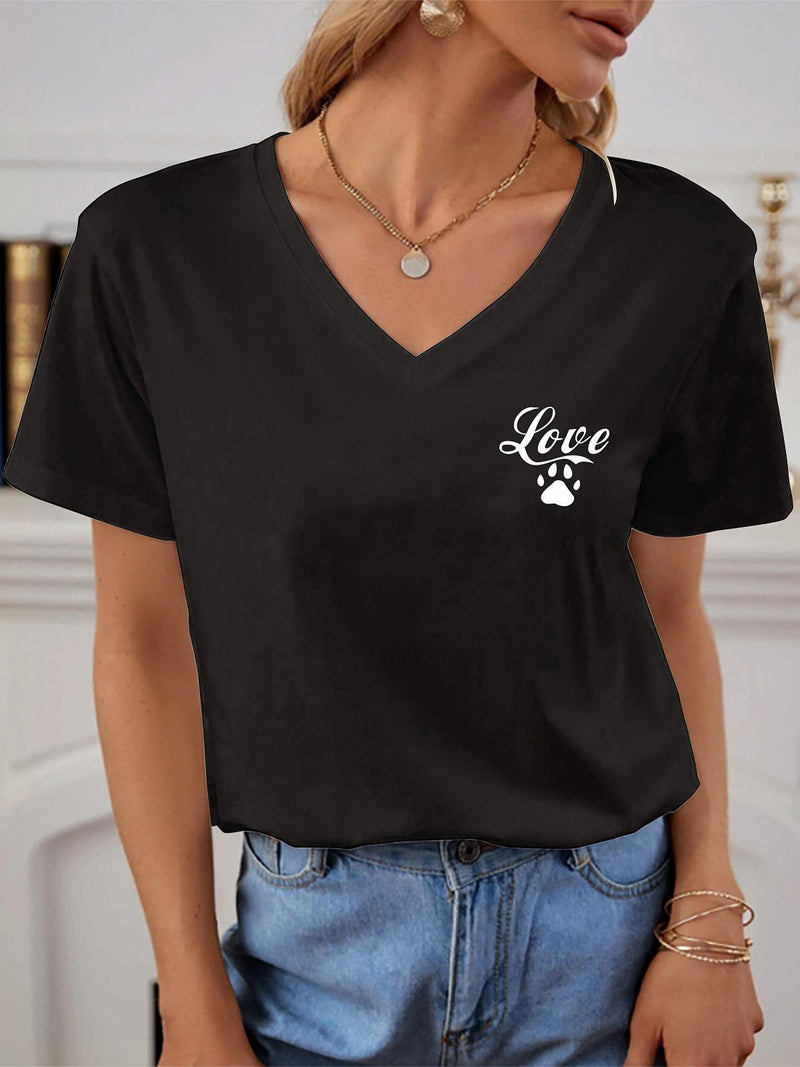 Women's T-Shirts Short Sleeve V Neck Paw Print T-Shirt