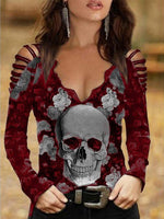 Women's T-Shirts Skull Print V-Neck Lace Off-the-Shoulder T-Shirt