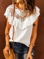 Women's T-Shirts Solid Lace Stitching Round Neck Ruffle T-Shirt