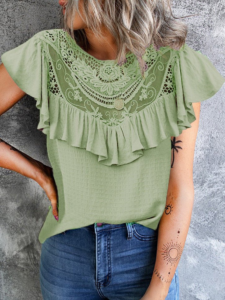 Women's T-Shirts Solid Lace Stitching Round Neck Ruffle T-Shirt