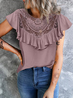 Women's T-Shirts Solid Lace Stitching Round Neck Ruffle T-Shirt