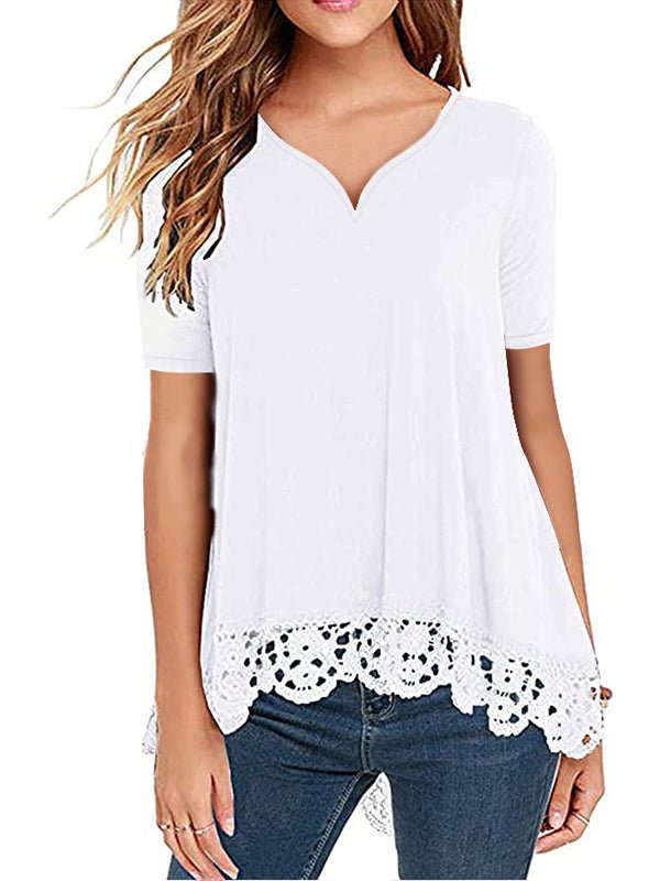 Women's T-Shirts Solid Lace V-Neck Sexy T-Shirt