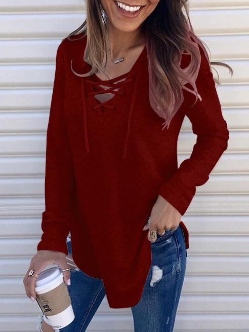 Women's T-Shirts Solid V-Neck Belted Long Sleeve T-Shirt