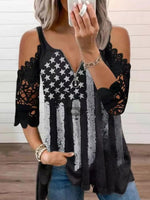 Women's T-Shirts Stars Stripe Print Zip Lace Off Shoulder T-Shirt