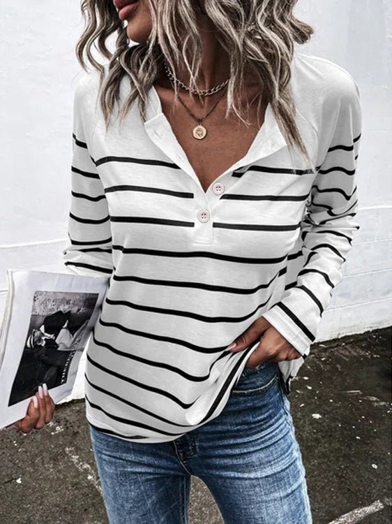 Women's T-Shirts Striped Button Long Sleeve T-Shirt