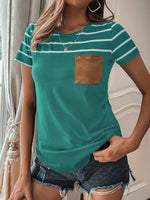 Women's T-Shirts Striped Pocket Round Neck Short Sleeve T-Shirt